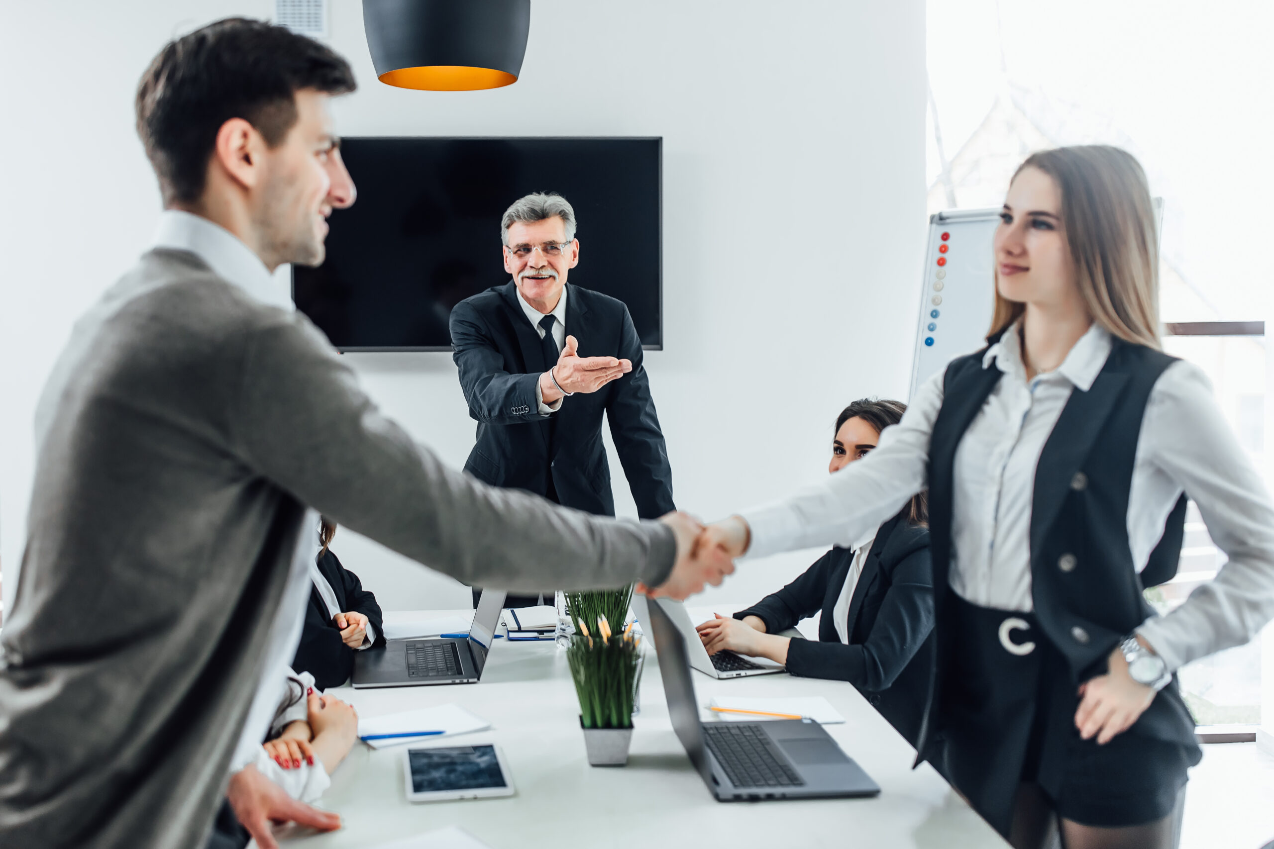 Business people shaking hands, finishing up a meeting. New manager in office.